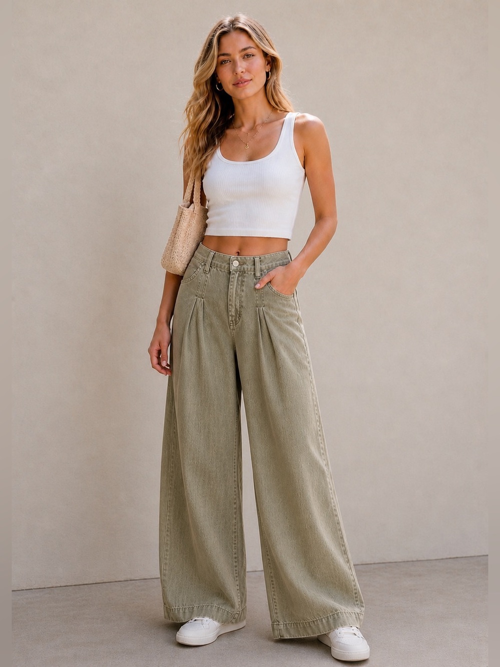 TRACTR Olive Green Pleated wide leg pants Premium Denim Collection NWT Sz 8/29
